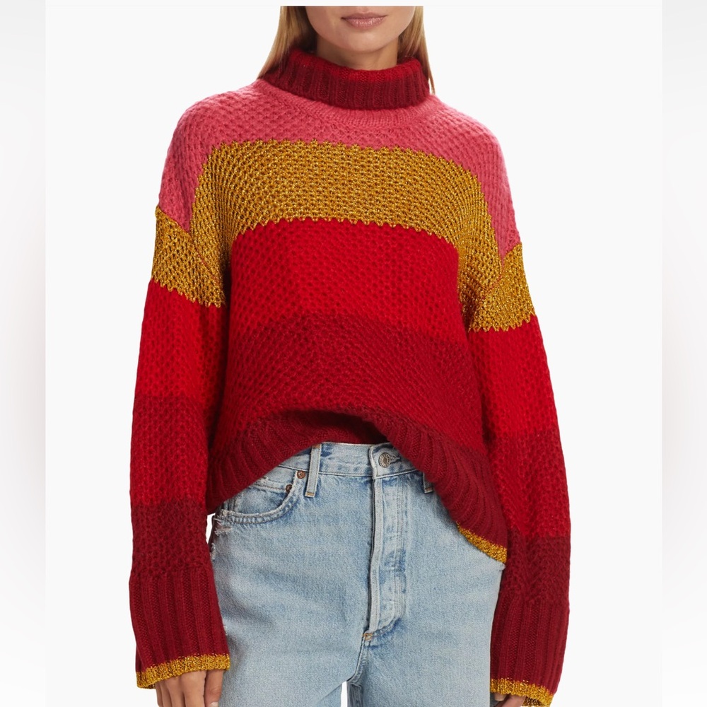 Farm Rio Shiny Stripes Metallic Striped Crochet Knit Mockneck Sweater NWT Med